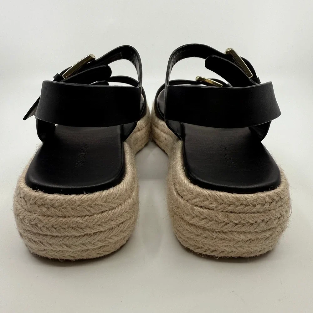 NEW Nordstrom‎ AVILA Espadrille Sandals Black Leather Platform WOMEN 10 BUCKLE